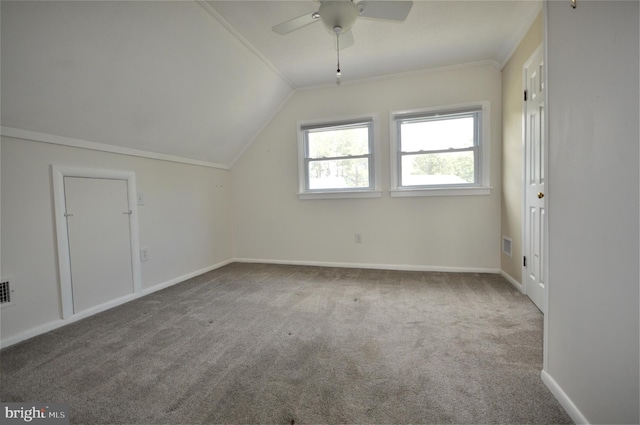 100 Watertown Rd, Ocean Pines, MD 21811 - bonus room with carpet flooring, a ceiling fan, visible vents, vaulted ceiling, and baseboards