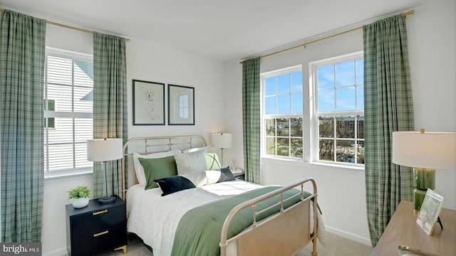bedroom with baseboards, carpet flooring, and multiple windows
