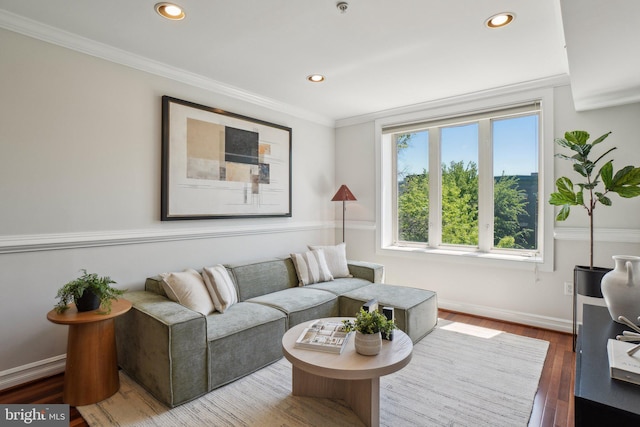 living room featuring crown molding, baseboards, recessed lighting, and wood finished floors