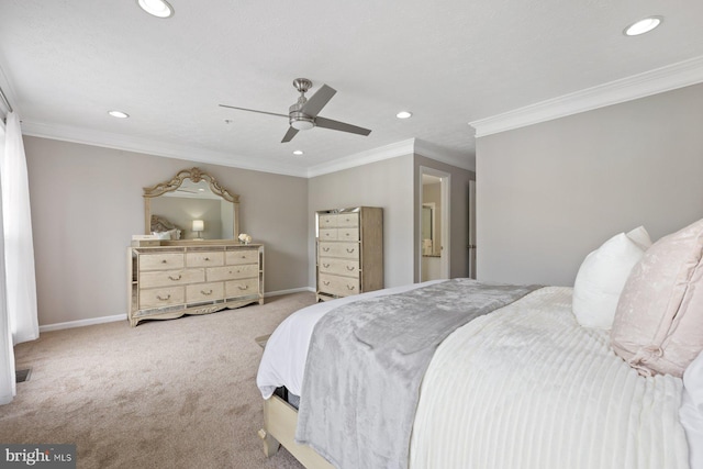 4006 Enders Ln, Bowie, MD 20716 - bedroom with recessed lighting, carpet flooring, crown molding, ceiling fan, and baseboards
