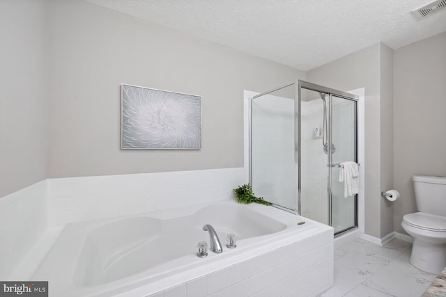 4006 Enders Ln, Bowie, MD 20716 - bathroom with toilet, a garden tub, a stall shower, marble finish flooring, and a textured ceiling