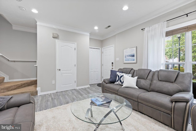4006 Enders Ln, Bowie, MD 20716 - living area with recessed lighting, wood finished floors, crown molding, baseboards, and stairs
