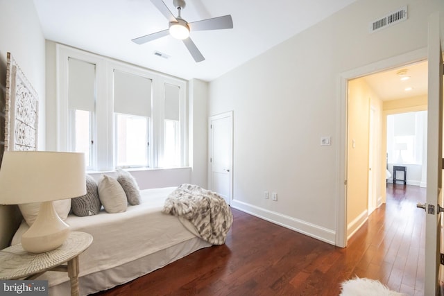 1830 Rittenhouse Sq Unit 1E, Philadelphia, PA 19103 - bedroom featuring baseboards, ceiling fan, visible vents, and dark wood-type flooring