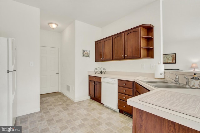 kitchen with open shelves, white appliances, baseboards, light countertops, and a sink