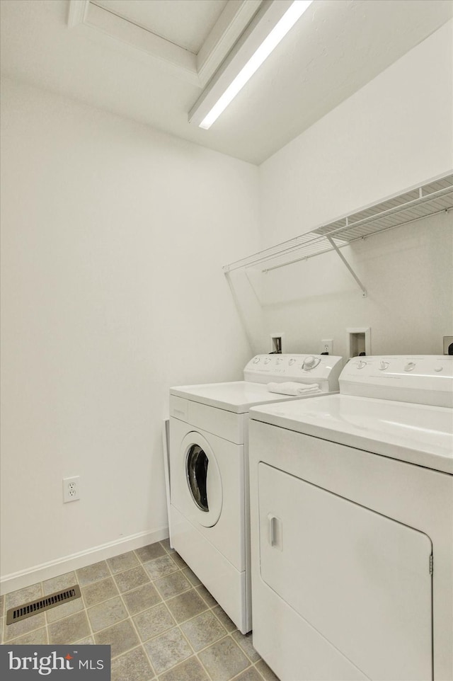 laundry area featuring laundry area, washer and clothes dryer, baseboards, and visible vents