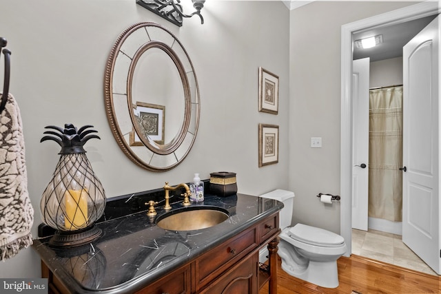 bathroom with vanity, toilet, and wood finished floors