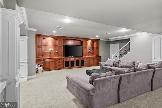 living room featuring crown molding, recessed lighting, stairs, and light colored carpet