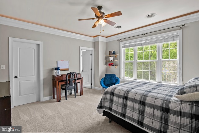 bedroom featuring light colored carpet, ornamental molding, baseboards, and visible vents