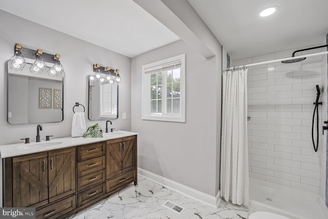 1640 Kreitler Valley Rd, Forest Hill, MD 21050 - full bathroom with a tile shower, a sink, double vanity, marble finish floor, and baseboards