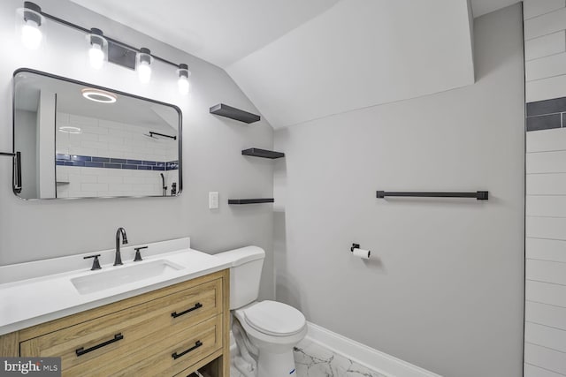 1640 Kreitler Valley Rd, Forest Hill, MD 21050 - bathroom with vanity, toilet, marble finish floor, baseboards, and vaulted ceiling