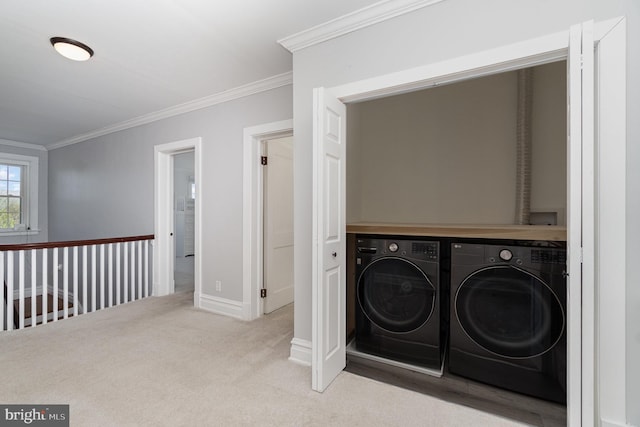 403 E Fourth St, Waynesboro, PA 17268 - laundry area with washing machine and clothes dryer, carpet flooring, laundry area, baseboards, and ornamental molding