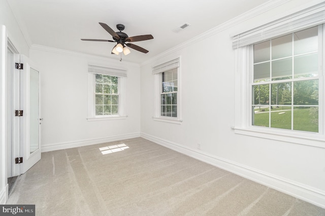 403 E Fourth St, Waynesboro, PA 17268 - unfurnished bedroom featuring carpet floors, ornamental molding, visible vents, baseboards, and ceiling fan