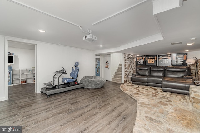 403 E Fourth St, Waynesboro, PA 17268 - living room with stairs, recessed lighting, visible vents, and wood finished floors