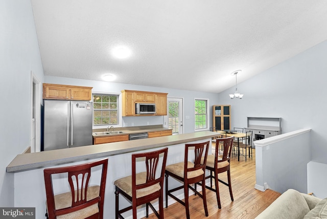 806 Windy Way, Front Royal, VA 22630 - kitchen featuring stainless steel appliances, vaulted ceiling, light wood-style floors, a sink, and a textured ceiling