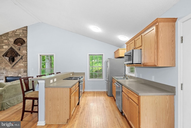 806 Windy Way, Front Royal, VA 22630 - kitchen with appliances with stainless steel finishes, lofted ceiling, a breakfast bar area, a sink, and light wood finished floors