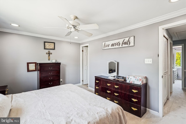 bedroom featuring crown molding, light colored carpet, attic access, recessed lighting, and baseboards