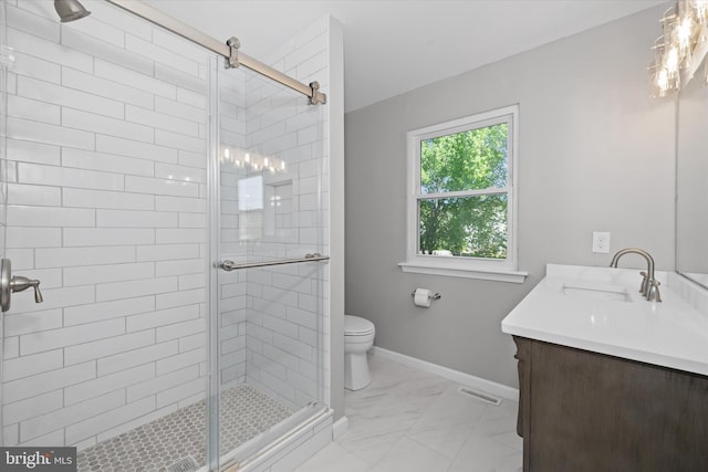 13 Sumac Ct, Newark, DE 19702 - bathroom with visible vents, a shower stall, marble finish floor, and vanity