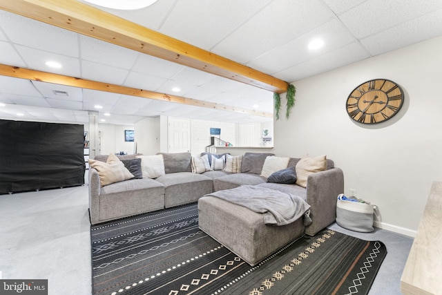 carpeted living room featuring recessed lighting and baseboards