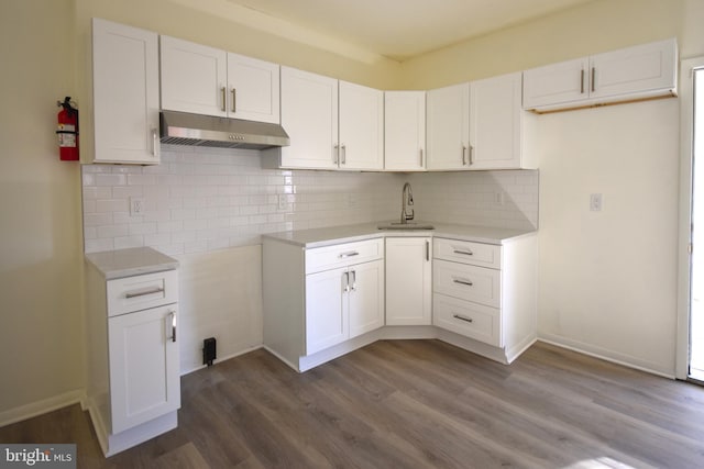 kitchen with under cabinet range hood, white cabinets, dark wood-style floors, and a sink