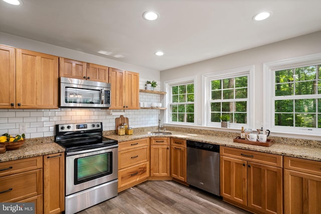 kitchen with light wood-style floors, a wealth of natural light, stainless steel appliances, and a sink