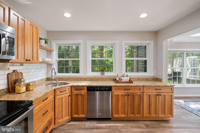 kitchen featuring plenty of natural light, appliances with stainless steel finishes, a sink, and light stone countertops