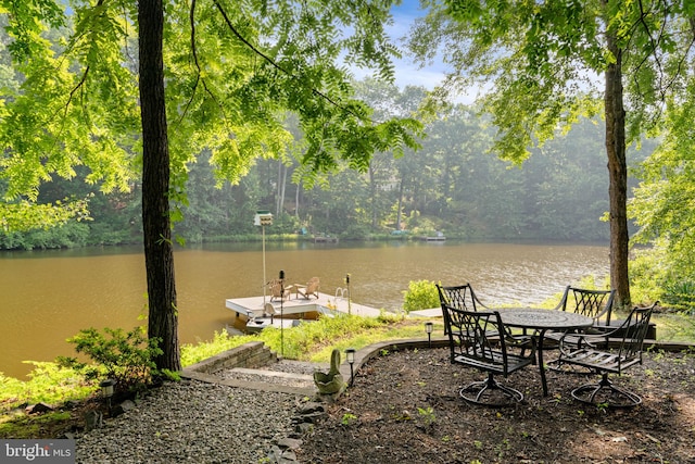 water view with a forest view and a dock