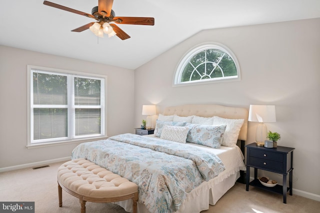 bedroom with lofted ceiling, carpet, visible vents, ceiling fan, and baseboards