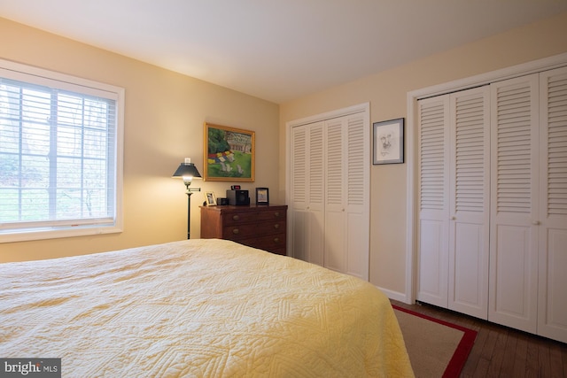 bedroom featuring multiple closets and dark wood-style flooring