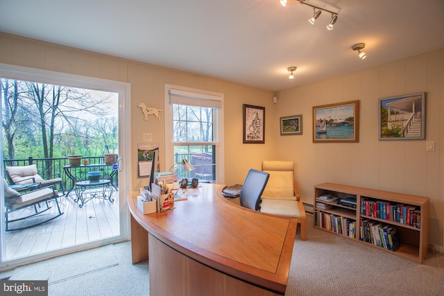 carpeted office featuring track lighting and a baseboard heating unit