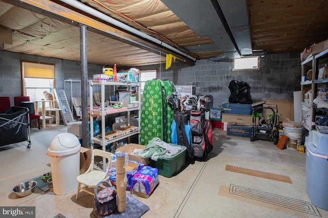basement with concrete block wall and plenty of natural light