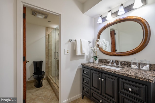 bathroom featuring visible vents, vanity, a shower stall, and tile patterned flooring