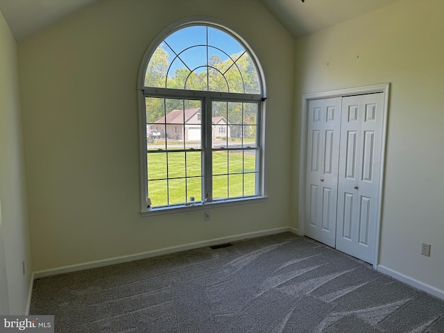 interior space featuring dark carpet, a healthy amount of sunlight, and lofted ceiling