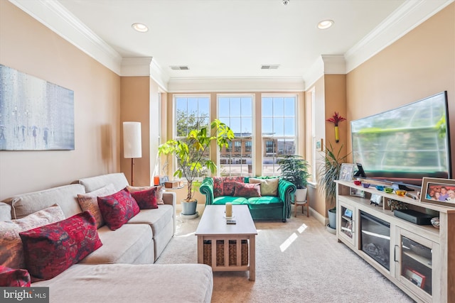 carpeted living area featuring crown molding, recessed lighting, and visible vents