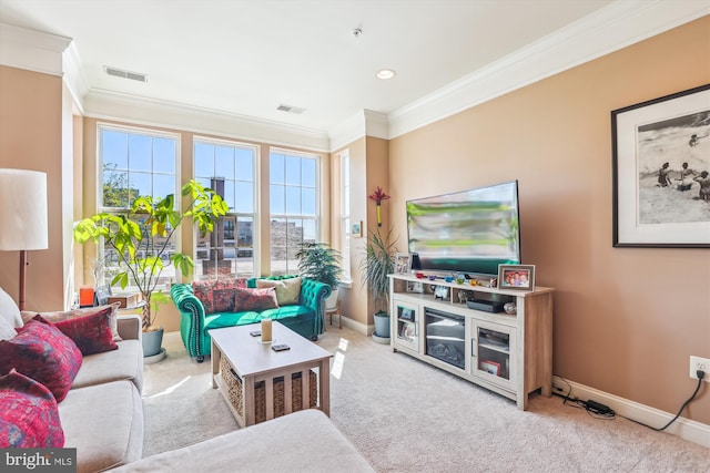 carpeted living room featuring crown molding, baseboards, and visible vents