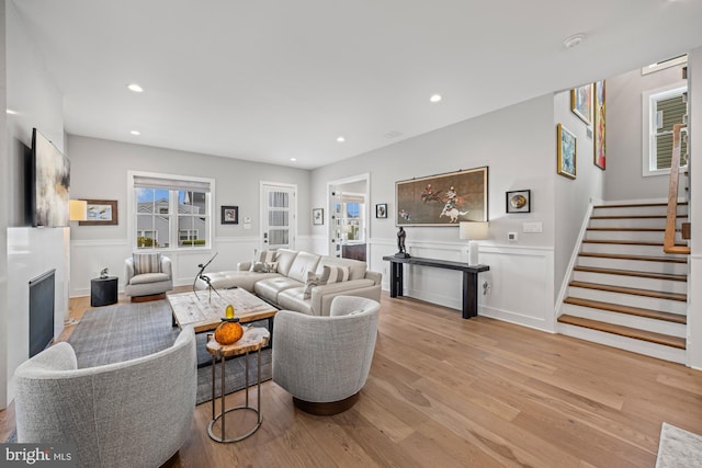 13 N Vendome Ave, Margate City, NJ 08402 - living area featuring a fireplace, light wood-style flooring, stairway, wainscoting, and recessed lighting