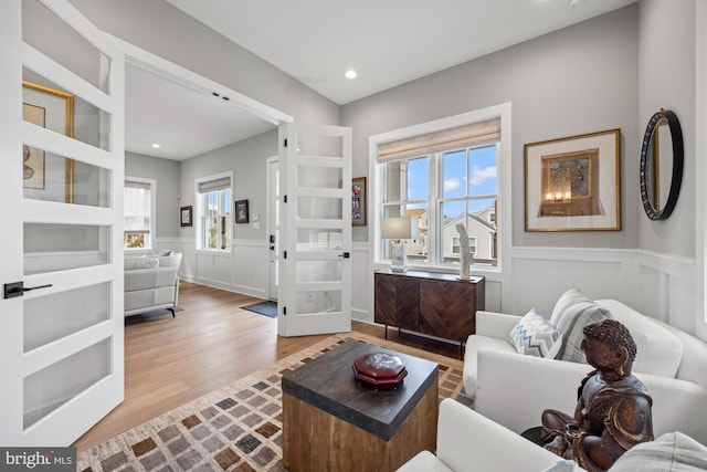 13 N Vendome Ave, Margate City, NJ 08402 - living area featuring wood finished floors, wainscoting, a decorative wall, and recessed lighting