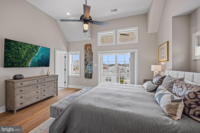 13 N Vendome Ave, Margate City, NJ 08402 - bedroom featuring high vaulted ceiling, light wood-type flooring, access to exterior, baseboards, and a ceiling fan