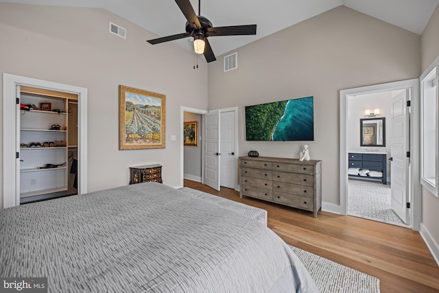 13 N Vendome Ave, Margate City, NJ 08402 - bedroom featuring wood finished floors, high vaulted ceiling, a closet, baseboards, and ceiling fan