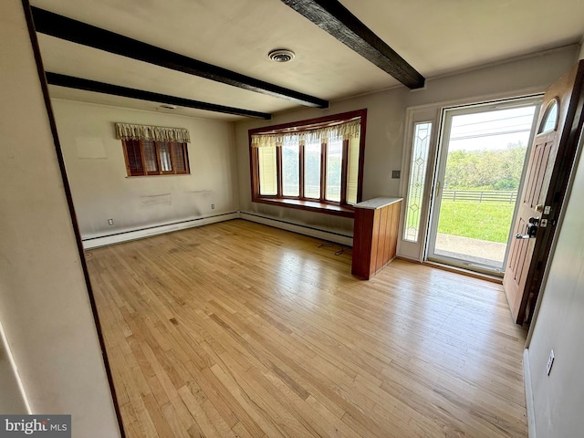interior space with a healthy amount of sunlight, baseboard heating, light wood finished floors, and beam ceiling