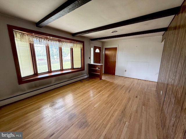 unfurnished living room featuring beamed ceiling, wood finished floors, and a baseboard radiator