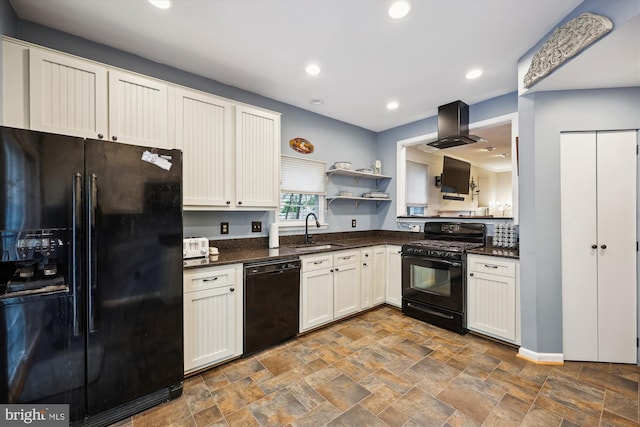20003 Mattingly Ter, Gaithersburg, MD 20879 - kitchen with black appliances, a sink, ventilation hood, open shelves, and stone finish flooring