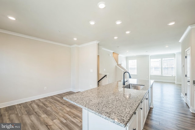 kitchen with a sink, crown molding, and open floor plan