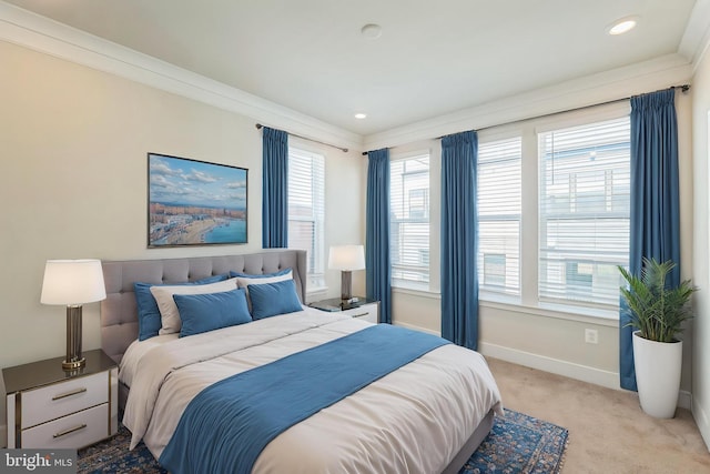 bedroom with baseboards, ornamental molding, carpet, and recessed lighting