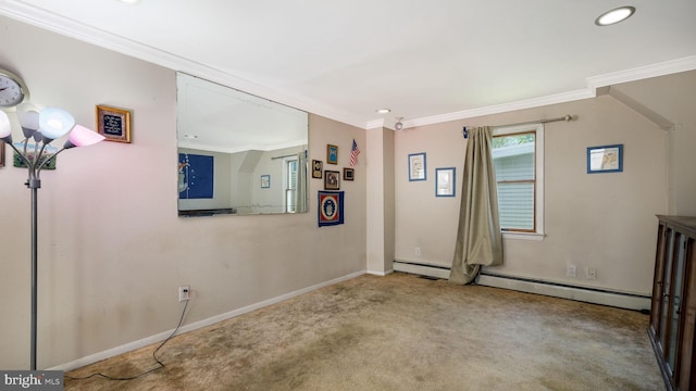 interior space with crown molding, carpet floors, baseboards, a baseboard heating unit, and recessed lighting
