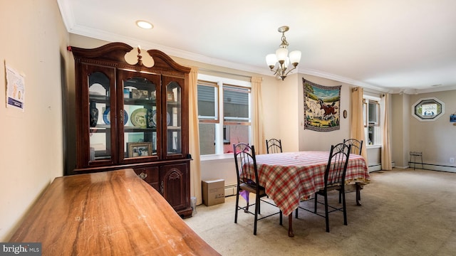 dining space featuring crown molding, a baseboard heating unit, a notable chandelier, and light carpet