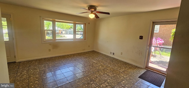 interior space with a ceiling fan, visible vents, and baseboards