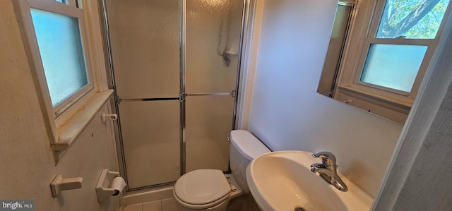 full bathroom featuring toilet, a shower stall, and a healthy amount of sunlight