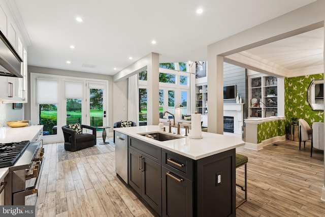 kitchen with a sink, a glass covered fireplace, light countertops, a kitchen breakfast bar, and stainless steel dishwasher
