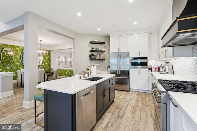 kitchen with premium appliances, premium range hood, a sink, open shelves, and white cabinetry