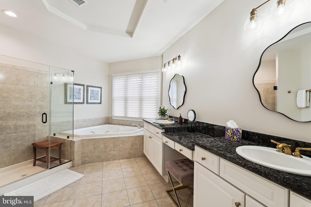 full bath with a garden tub, tile patterned floors, a stall shower, and vanity